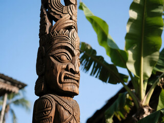 Traditional Dayak Totem with Tribal Crown and Carvings