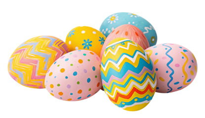 A close up of a pile of brightly colored decorated easter eggs on a black isolated background image