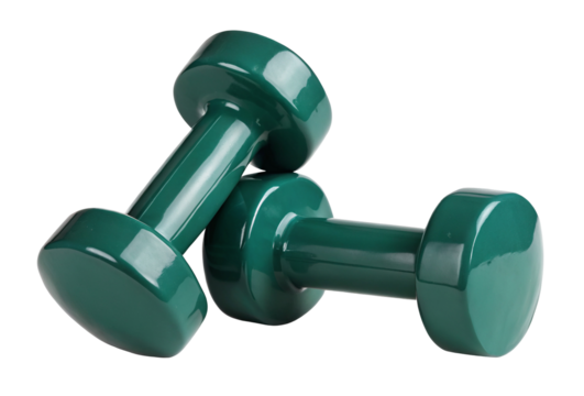 A close up shot of two green dumbbells stacked on top of each other on a black background for fitness use