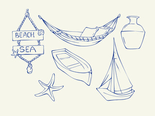Set of sea beach doodles. Hand drawn outline sketches