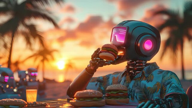 Explore the surreal imagery of a man in a gas mask enjoying a burger in a post-apocalyptic setting. A unique and intriguing concept.