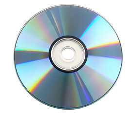 A single compact disc showing iridescent reflections on a black background in a studio photograph