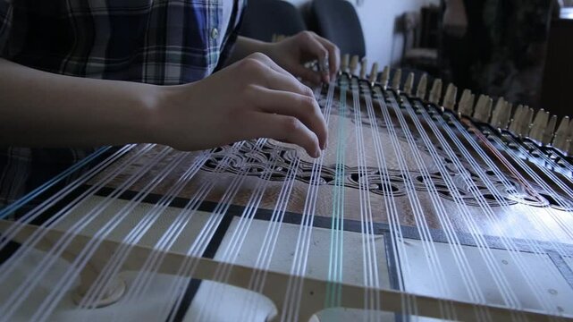 Close-up of a musician's hands playing a traditional string instrument, likely a kanoon. The intricate captures the essence of classic Middle Eastern music during a cultural performance.