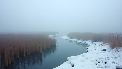 Serene Winter Landscape with Narrow River and Snow Covered Banks in Foggy Atmosphere