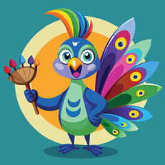 Fototapeta premium Cheerful peacock mascot holding a paintbrush and palette with vibrant colors ready for a creative activity in a playful artistic setting