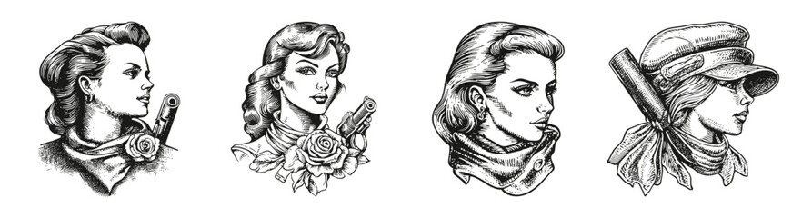 Vintage Portraits of Women with Guns and Roses in Black and White, vector illustration, engraving design, logo design set, black and white line, template design element