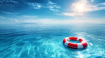 Naklejka premium A red and white life preserver floating on a calm blue ocean