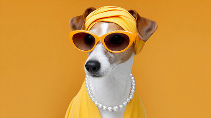 cute girl dog jack russell in glasses and clothes in a stylish look