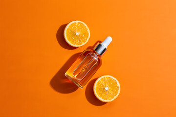 Overhead view of vitamin c serum bottle and fresh orange slices arranged on a vibrant orange background demonstrating beauty and skincare.