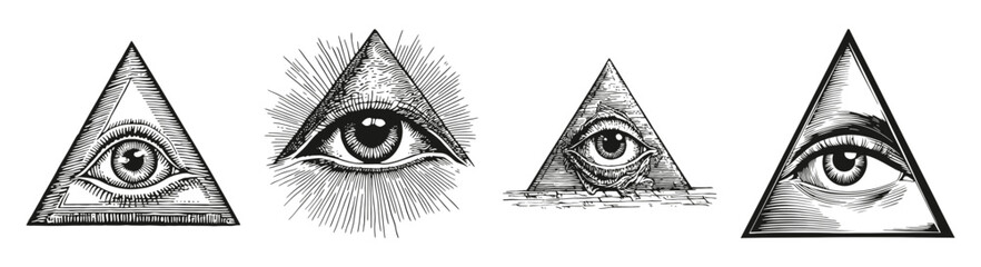 Eye Symbolism in Triangular Shapes with Various Artistic Styles, vector illustration, engraving design, logo design set, black and white line