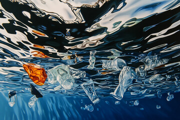 The reflection of plastic in the clear, blue ocean water 