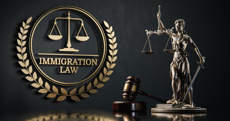 Immigration Law: Themis and judge's gavel in the background of a golden icon with scales and text