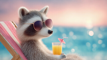 cute raccoon on vacation at the sea drinking a cocktail with sunglasses