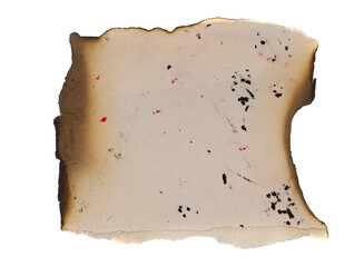 Burning cardboard scrap, torn and dirty isolated on white background