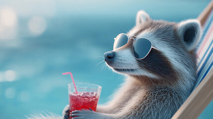 cute raccoon on vacation at the sea drinking a cocktail with sunglasses