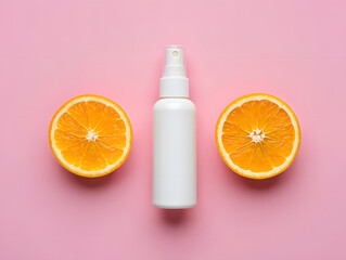 Fresh orange slices and white spray bottle on a pastel pink background beauty skincare product mockup concept