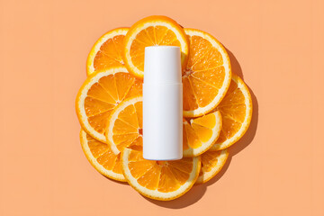Refreshing skincare product displayed with sliced oranges against a light orange backdrop with natural healthy ingredients