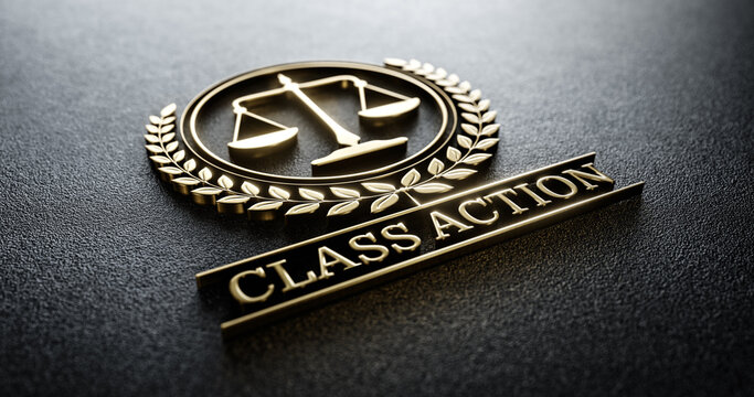 Class Action: Golden Icon with Scales of Justice and text. Legal Concept