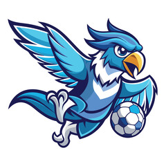 Falcon mascot diving with a soccer ball in its talons during an exciting soccer match