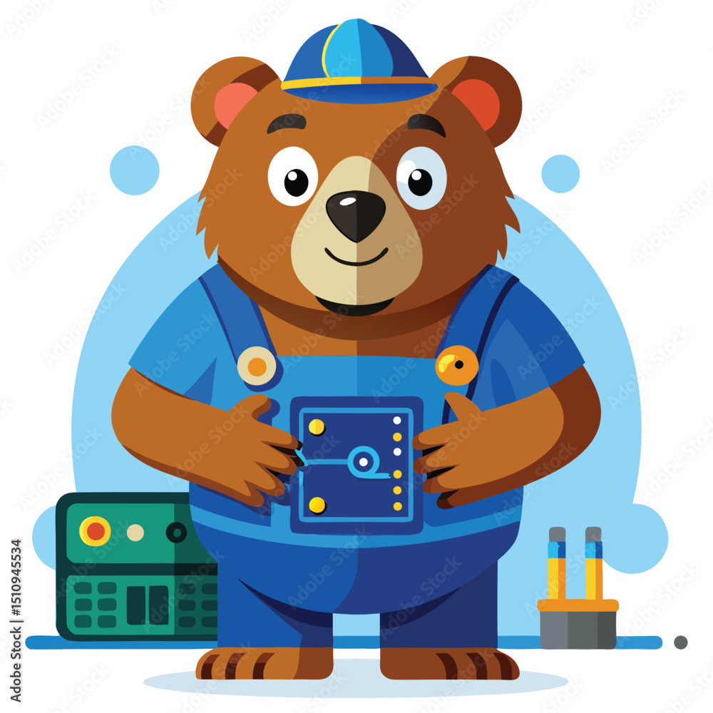 Poster bear mascot assembling circuit board with a focus on technical skills and playful character in a col