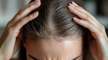 Naklejka premium A woman gently touches her scalp with both hands
