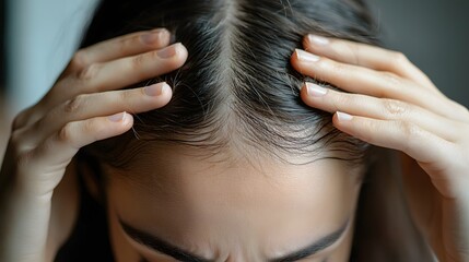 Fototapeta premium A woman gently touches her scalp with both hands