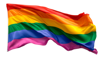 Waving rainbow LGBTQIA Pride flag isolated on white or transparent background,