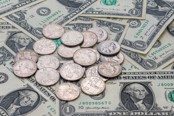 Close-up of .american dollars and coins