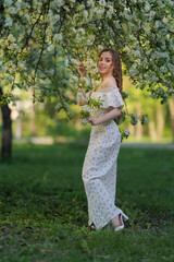 Beautiful Girl with long hair in a white dress poses near white blossoming apple trees