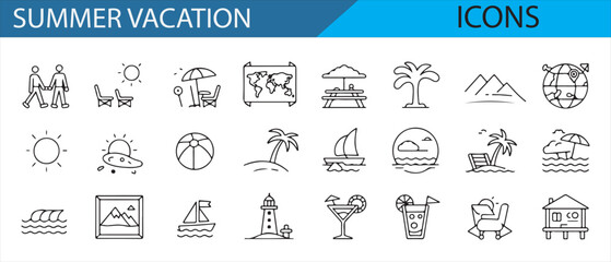 Icons of summer vacation activities and tropical weather for digital design.