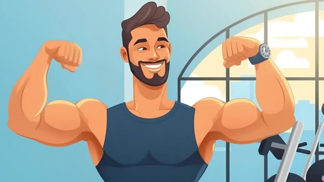 Cartoon Portrait of happy man showing strength and victory hand gesture, smiling and looking at the camera on the background of the gym with copy space. Personal trainer.  healthy lifestyle 