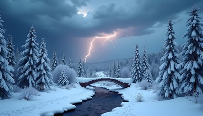 Snowy Forest Landscape with Lightning Storm and River Under Dark Cloudy Sky
