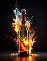 champagne bottle exploding on a black background