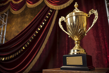 Golden trophy on a stage with red velvet curtains symbol of victory and achievement perfect for award ceremonies and celebrations