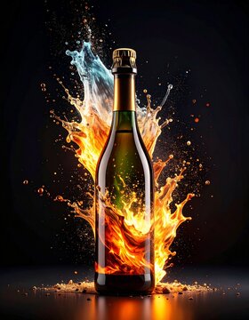 champagne bottle exploding on a black background