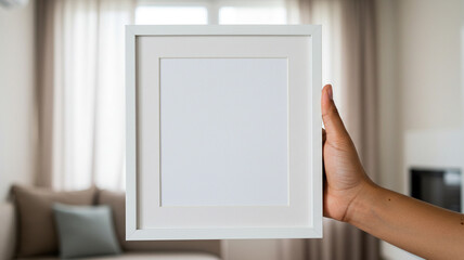 Hand holding blank square white picture frame mockup in home interior with sofa and window. Empty template for art or photo display wall decor concept.