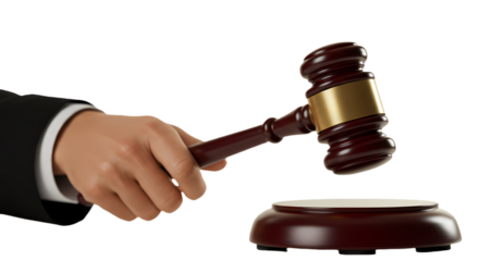  Hand in Suit Holding Wooden Judge's Gavel About to Strike Sound Block Isolated