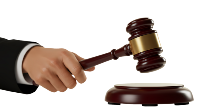 Hand in Suit Holding Wooden Judge's Gavel About to Strike Sound Block Isolated