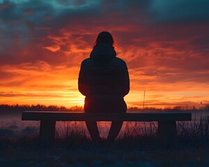 Silhouetted figure reflecting at sunset on a bench