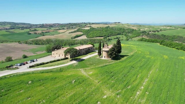 Vitaleta Chapel aerial view in the wonderful valley of D'orcia in Tuscany. Drone footage.