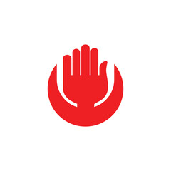 Striking red hand emblem with a crescent shape, symbolizing a stop sign or safety ideal for use in warning graphics posters or symbolic design projects