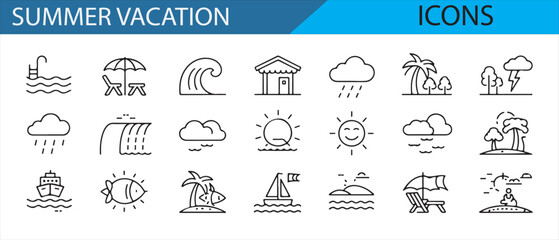 Summer vacation vector icons featuring sun, storm, and tropical themes.