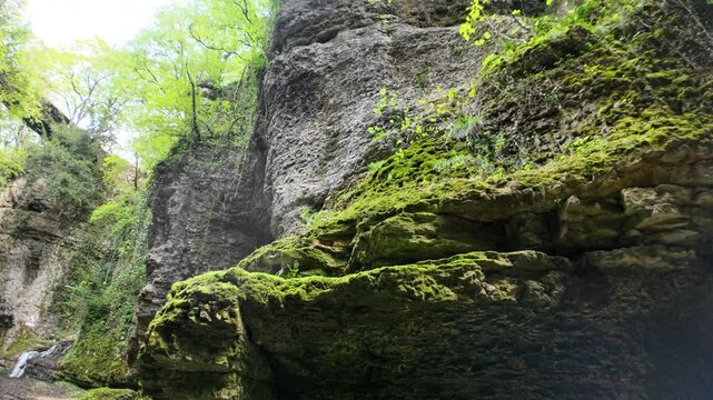 Martvili Canyon in Georgia features stunning rock formations covered in vibrant green moss, creating a picturesque scene along the Abasha River, with clear water flowing through the canyon