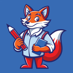 Fox mascot editor holding a red pen and manuscript in a cheerful pose against a bright blue background illustrating creativity and editorial work