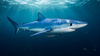 A stunning image of a Blue Shark (Prionace glauca) gracefully swimming in the clear blue waters of the open ocean