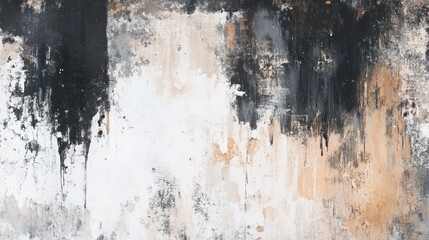 Abstract grunge texture with black, beige, and gray paint splatters on a white wall.