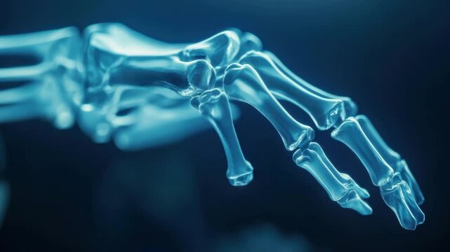 Human hand skeleton with blue bones on dark background