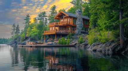Obraz premium Luxurious waterfront log cabin at sunset, reflecting on calm lake.