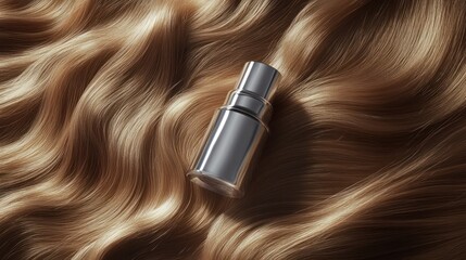 Silver spray bottle on wavy blonde hair.