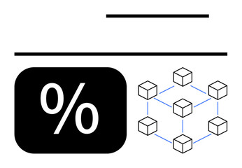 Percentage symbol inside a rounded rectangle next to interconnected cube blocks representing a blockchain network. Ideal for finance, blockchain, technology, data analysis, networking, investment